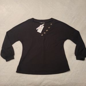 MEROKEETY - V-Neck Long Sleeve Waffle Knit Shirt - Black - Large - NEW